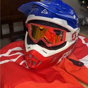 Blue and Red Off-Road Helmet with Goggles